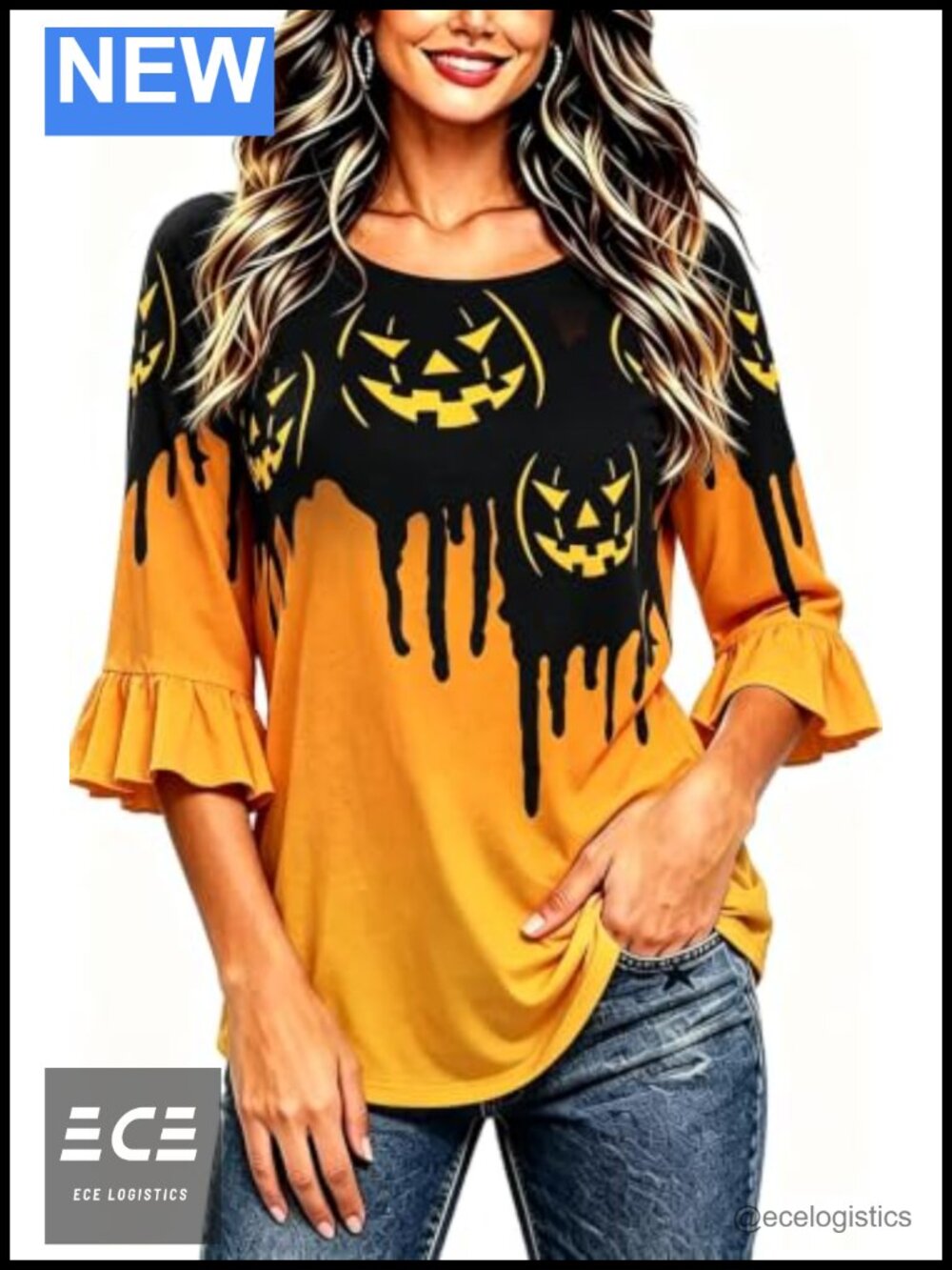 Womens Halloween Ruffle 3/4 Sleeve Tunic T-Shirt Relaxed Fit Holiday Top